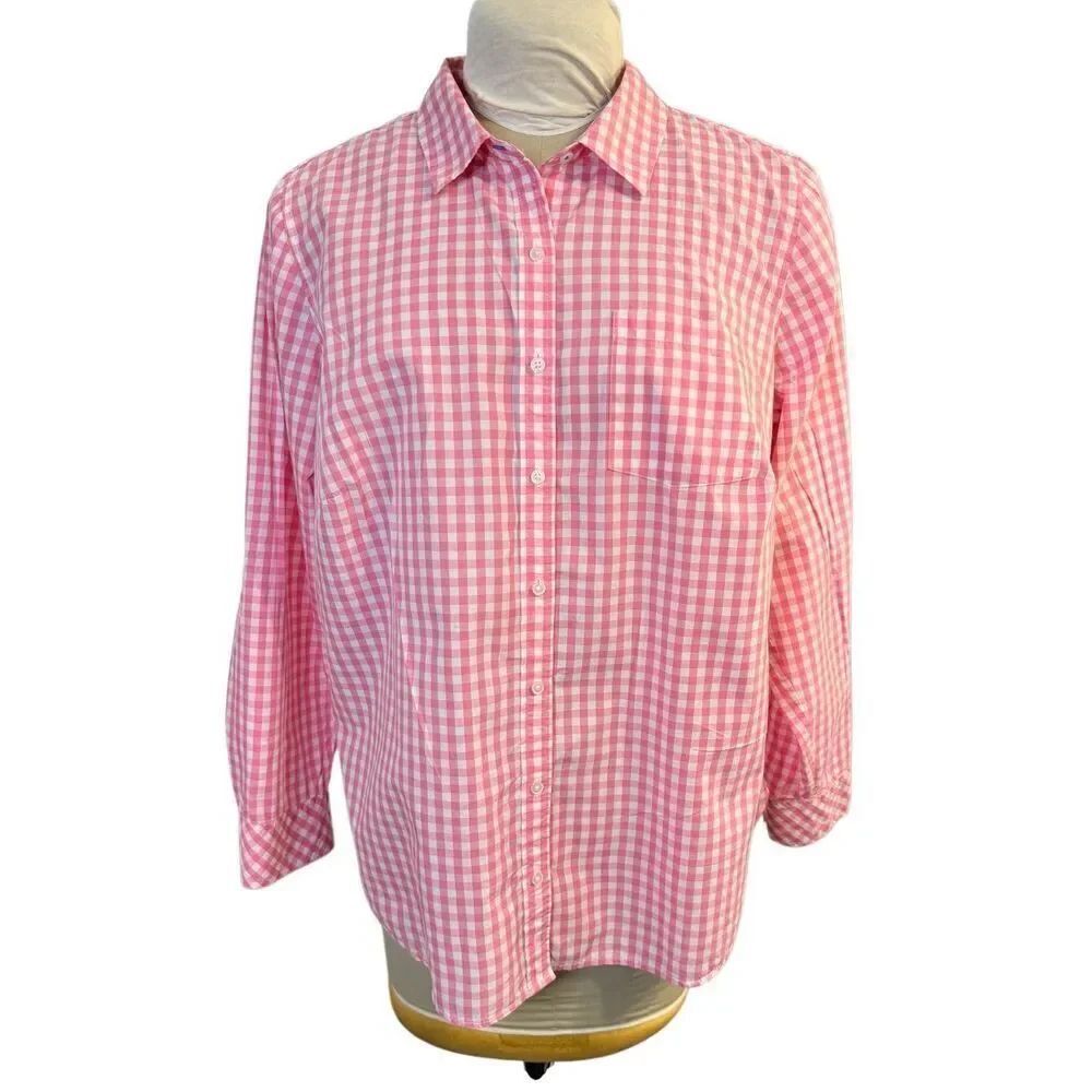 Talbots Gingham Long Sleeve/Roll Tab Button Front Blouse 16W Pink/White